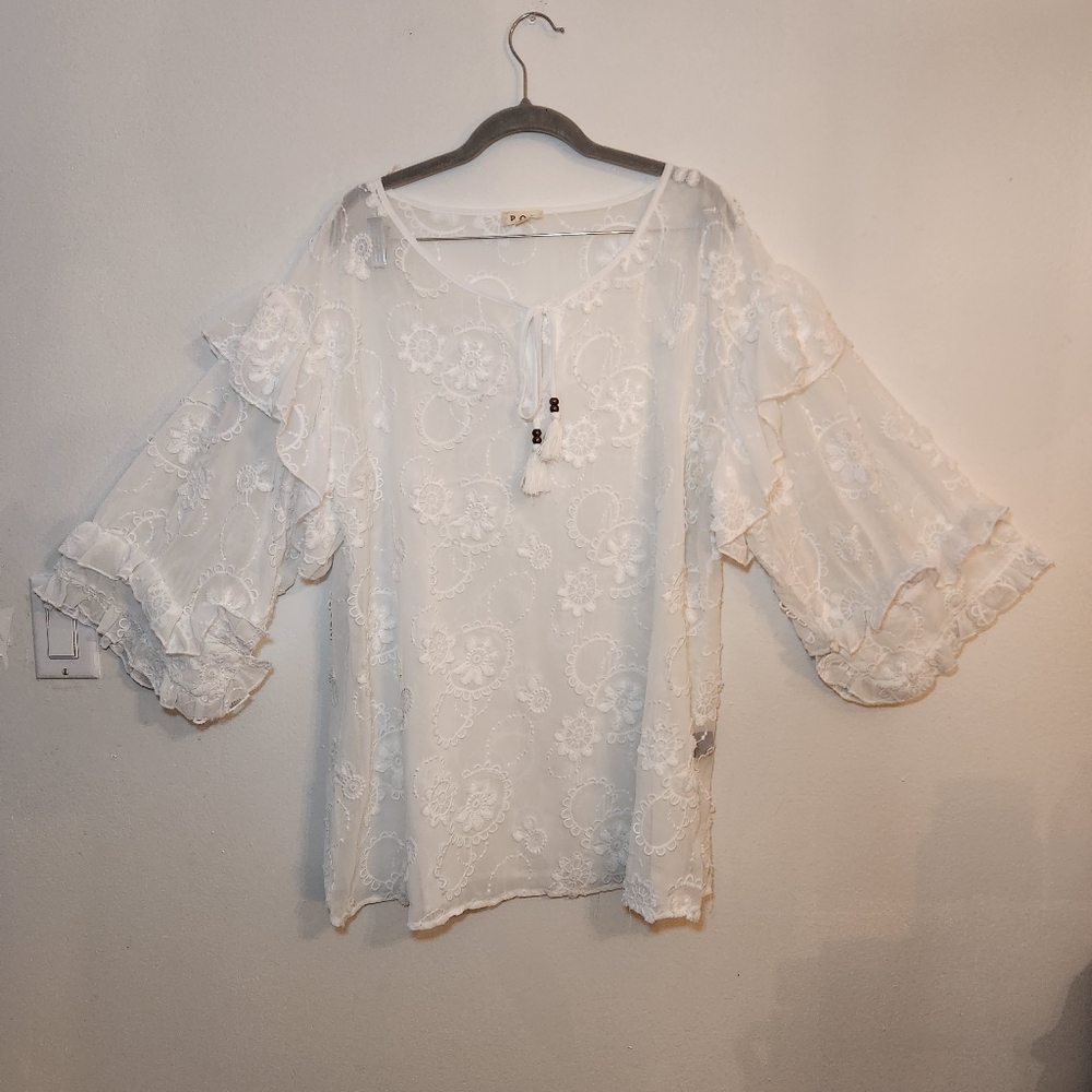 POL large Oversize White Sheer Peasant Blouse Top - Picture 2 of 9